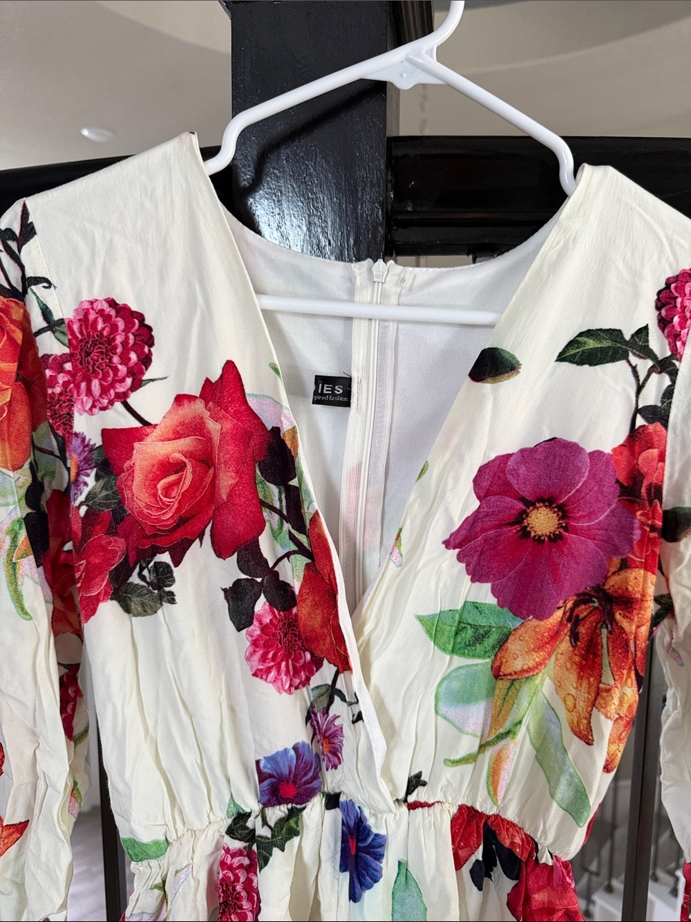 Cream V-Neck Dress with Red, Pink and Orange Floral Print - Picture 2 of 8